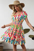 Bohemian Abstract Print V Neck Smocked Waist Tiered Ruffle Mini Dress